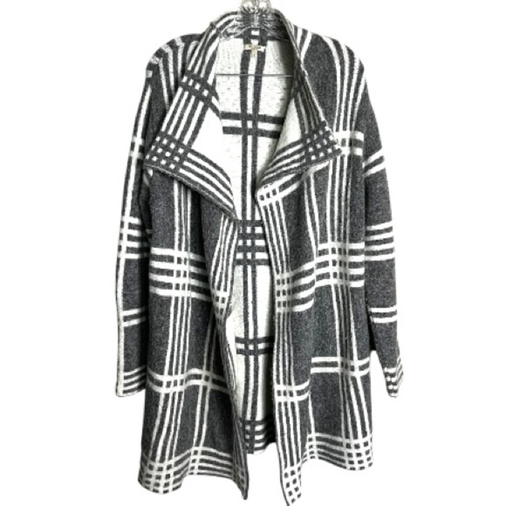 Oriana Made In Italy Gray White Plaid Wool Blend‎ Open Front Blanket Cardigan - Picture 2 of 7